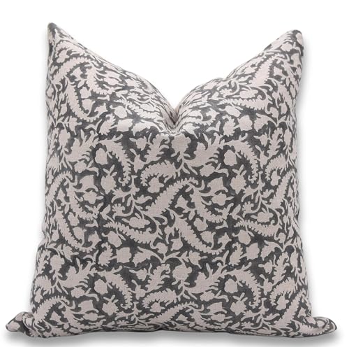 20x20 Inch Light Grey Linen Throw Pillow Cover with Zipper - Handmade Boho Cushion for Indoor & Outdoor Decor
