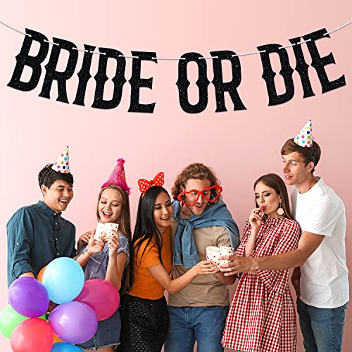 Halloween Bride or Die Banner - Spooky Wedding & Bridal Shower Decorations, Black Glitter