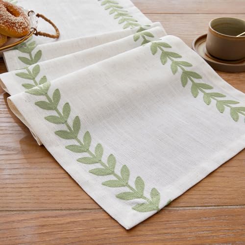 Embroidered Light Green Table Runner 13x90 Inches - Elegant Linen & Polyester