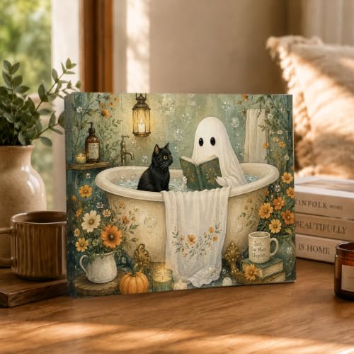 Halloween Bathroom Wall Art Decor H19 Spooky Ghost Black Cat Bathtub Canvas Wall Decoration