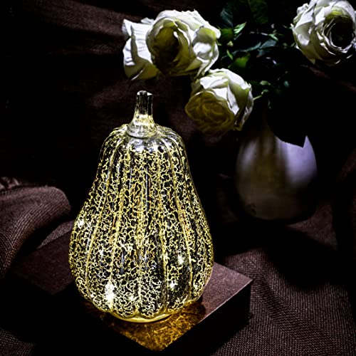 Silver Glass Pumpkin Light with Timer - 8.7-Inch Mercury Pumpkin Decor for Halloween and Fall