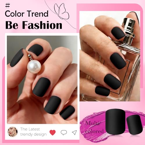 Black Short Square Press On Nails with Glue & Adhesive Tabs - Matte Finish, Reusable