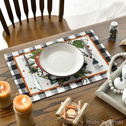 Pumpkin Buffalo Plaid Fall Placemats Set of 4 - 12 x 18 Inch Rectangular Black and Orange