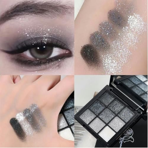 9 Colors Glitter Eyeshadow Palette - Black Silver Grey Smokey Eye Makeup - Variation #Black Silver
