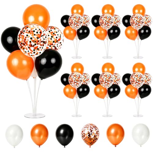 Halloween Orange Black Balloon Stand Kit for Table Centerpieces - 6 Sets with Confetti Balloons - Variation: Grad Orange