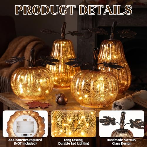 Glooglitter 4-Piece Gold Glass Pumpkin Lighted Fall Thanksgiving Decor - Layered Heights with Timer