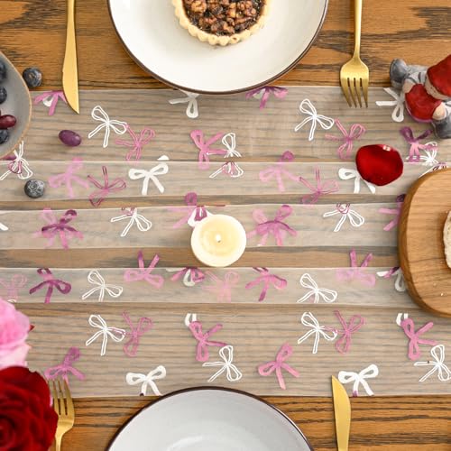 Pink Bow Beige Gauze Table Runner 120 Inch 10FT - Valentine’s Day Wedding Decor