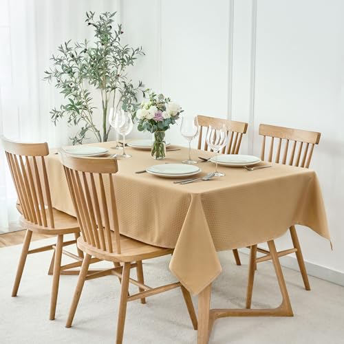 Maxmill Rectangle Tablecloth 52 x 108 Inch Weaved Pattern Waterproof Spillproof Fabric Beige