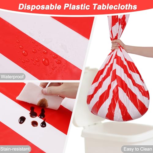 Red and White Striped Plastic Tablecloth 54x108 Inch - 3 Pack, Waterproof & Disposable - Horizontal Red Stripe