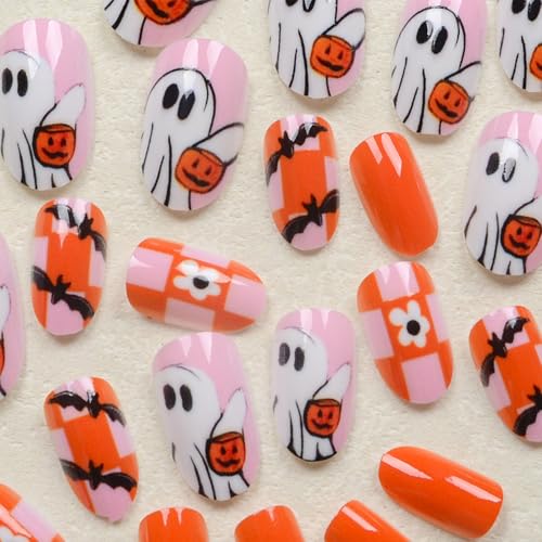 Halloween Press On Nails Short Almond Fake Nails 24 Pcs with Ghost Pumpkin Bat Flower Design - Nails-240