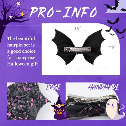 Black Bat Hair Clips Bow Set - Halloween Goth Cosplay Accessories - 9 Black