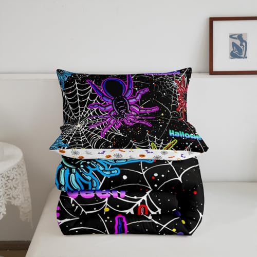 Kids Halloween King Comforter Set Black Purple Spider Web Bedding for Boys Girls - 3Pcs