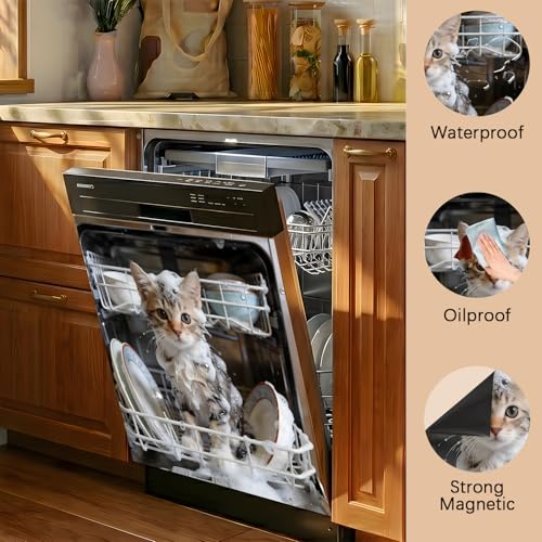 Washing Cat Dishwasher Magnet Cover - 23 x 26 Inch Kitchen Decor