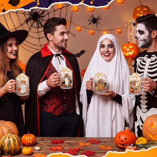 Halloween Ghost & Pumpkin Coffee Mug Set - 4 Pieces, 12 oz, Glass Cups, Fall Decor