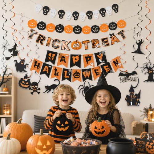 Orange Halloween Decorations Kit with Banners & Swirls - Spooky Party Supplies