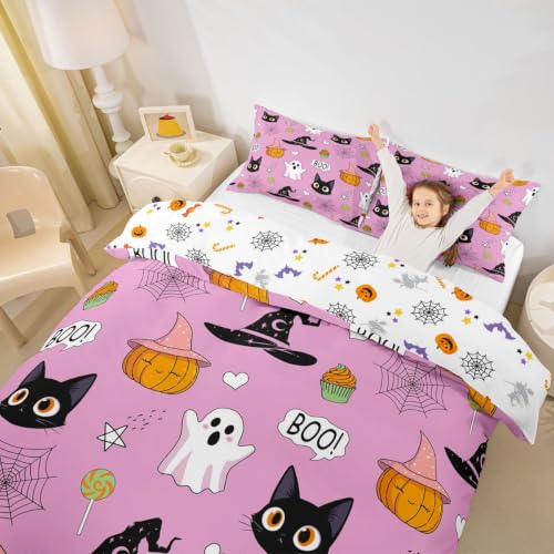 Multi 10 Pink Duvet Cover Set with Witch Hat & Spider Web Halloween Design - Full Size, No Comforter