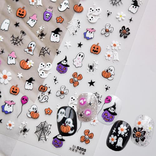 Halloween Nail Stickers 5D Embossed Ghost Pumpkin Spider Web Design - Variation of Halloween Decals Style1