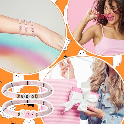 48 Pcs Halloween Party Favors Pink Boo Clay Bead Bracelets Bulk