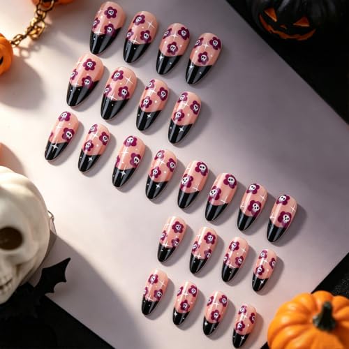 Halloween Skull Flower Press On Nails Long Almond Fake Nails - Variation of THIS listing