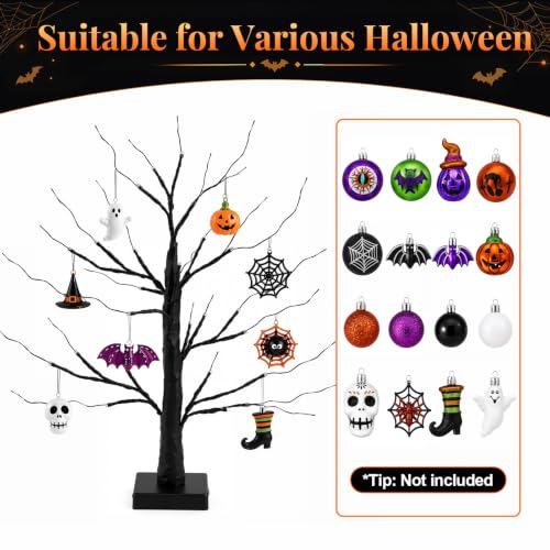 Indoor Halloween Black Tree Decorations Set - 24 Inch 2-Pack with LED Lights & Bat Ornaments