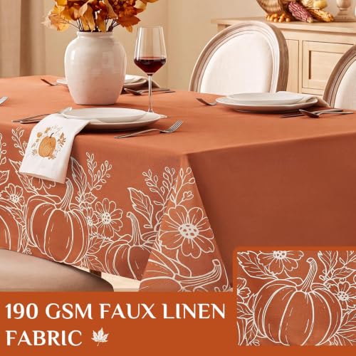 Fall Harvest Pumpkin & Leaf Rectangular Tablecloth 60x84 Inch Faux Linen Water-Resistant Thanksgiving Decor - Orange