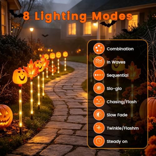 Halloween Solar Pathway Lights - Pumpkin & Leaf Stake Lights with 8 Modes - Outdoor Garden Decor (D - Pumpkin Leaf)