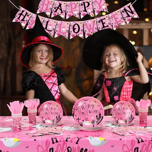 Pink Halloween Party Supplies Dinnerware Set for 24 Guests - Plates Cups Napkins