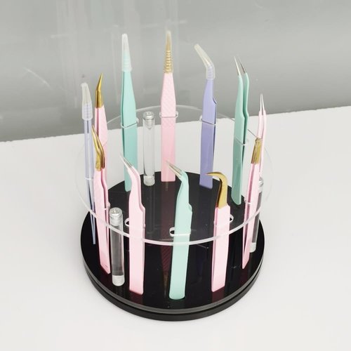 12 Holes Rotatable Acrylic Tweezers Holder, Grafting Eyelash Makeup Tweezer Stand Display Extensions Organizer Individual Training Tools (Black)