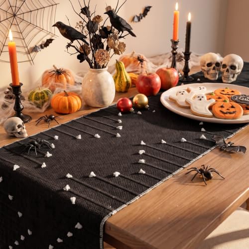 Black Farmhouse Cotton Woven Table Runner 12x60 Inch for Fall Halloween Holiday Dining