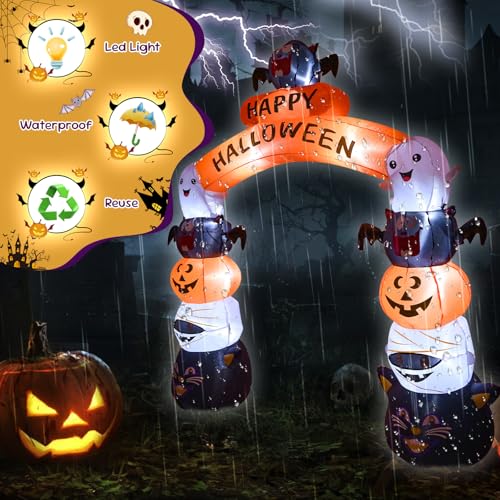 8FT Halloween Arch Inflatable with LED Lights - Ghost Cat Variation