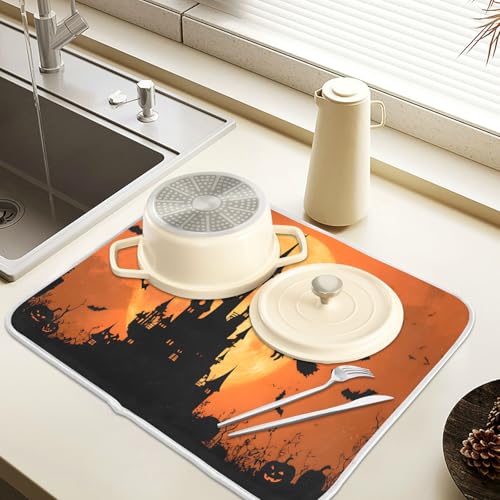 Halloween Witch Castle Dish Drying Mat - Microfiber Absorbent Kitchen Counter Pad 18x24 Inches Variation of THIS listing