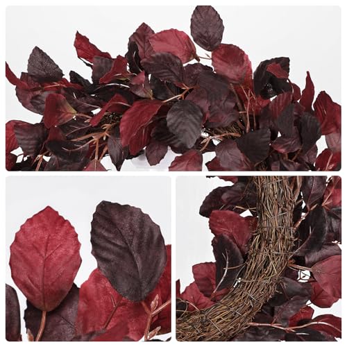 Artificial Fall Leaf Wreath for Front Door – Burgundy Red, 20-Inch Autumn Decor
