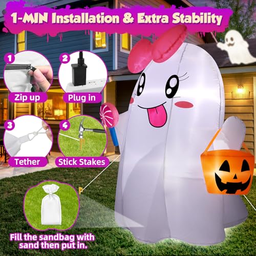 5FT Halloween Ghost Inflatable with Bright LED Lights & Pink Bow - Outdoor Yard Decoration