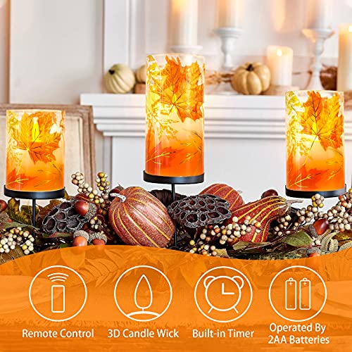 Fall Flameless Candles with Maple Leaves - LED Flickering Candles for Autumn & Thanksgiving