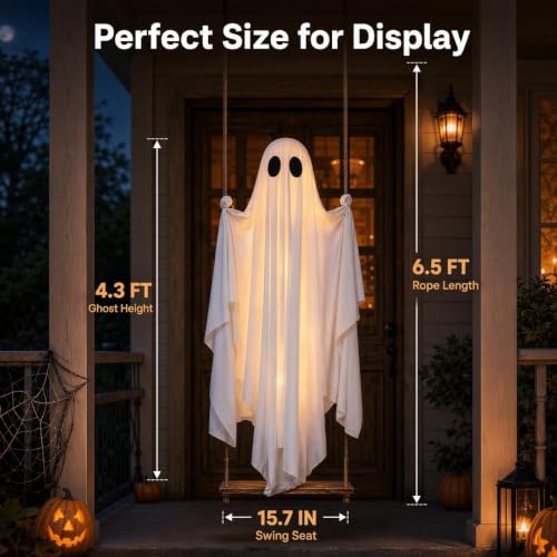 Large 4.3 Ft Hanging Ghost Decoration with LED Lights for Halloween Yard