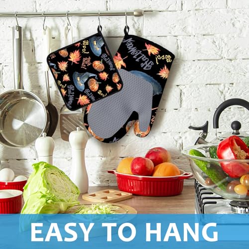 Halloween Pumpkin Autumn Maple Leaf Oven Mitts and Pot Holders Set - Heat Resistant Kitchen Baking & Grilling 4Pcs