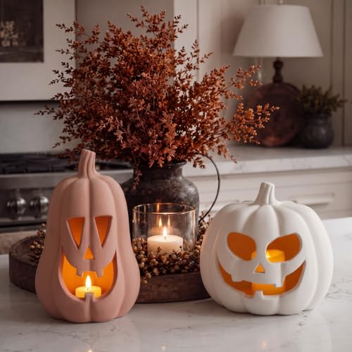 Stylish Halloween Decor Terracotta Jack O Lantern Pumpkins Set - Ghost Carved, 2 Sizes