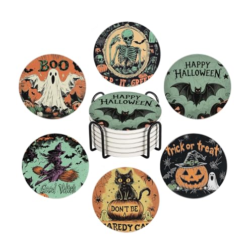 Halloween Round Ceramic Coasters Set of 6 with Holder - Vintage Pumpkin Design