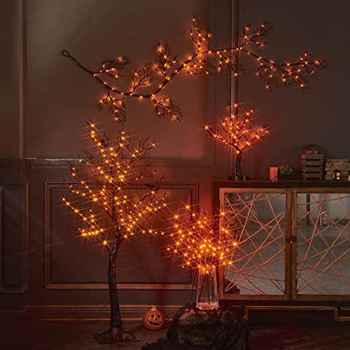 Lighted Halloween Tree Branches with Timer - 21 Inch Black Twig with Orange Fairy Lights