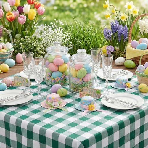 Green and White Plaid Easter Tablecloth - 120x56 Inches Rectangular St. Patrick's Day Decor