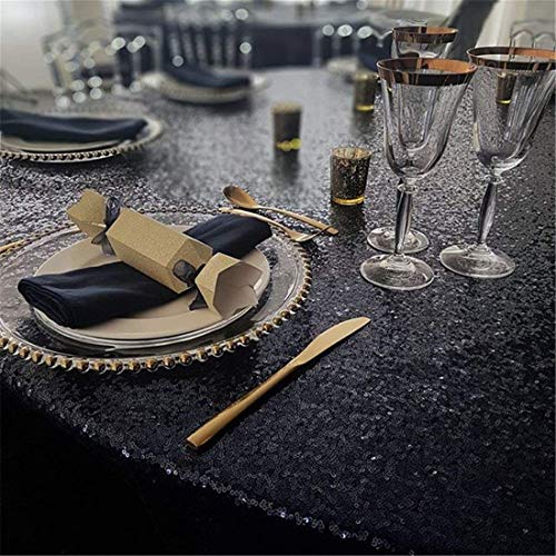 132 Inch Black Sequin Round Tablecloth for Weddings & Parties - Reusable