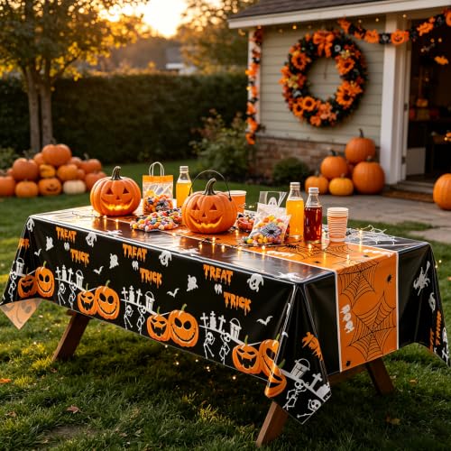 Halloween Tablecloth 12 Pack - 54x108 Inch Leakproof Plastic Cover - Pumpkin Ghost Variation