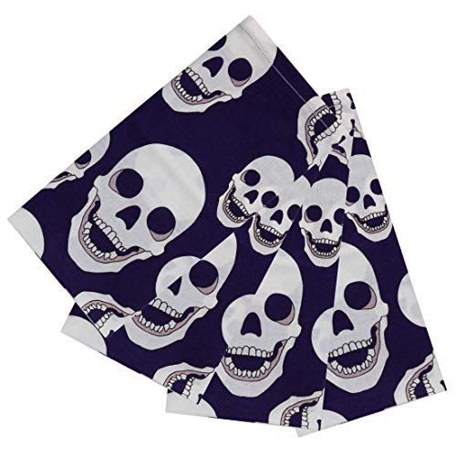 Blue & White Skull Printed Cotton Cloth Napkins Set of 4 - Decorative Kitchen Tabletop Halloween