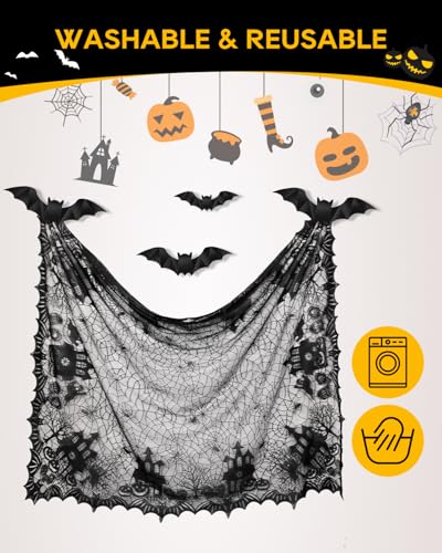 Black Lace Halloween Tablecloth 53x68 Inches with Bat Wall Stickers - Gothic Decor