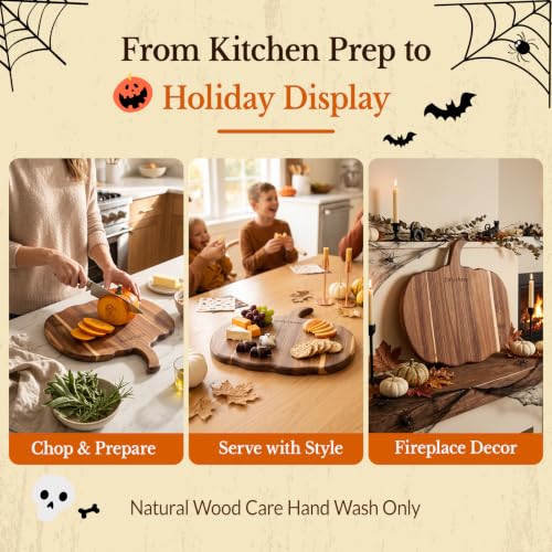 Pumpkin Shaped Wooden Charcuterie Board with Handle - Fall Kitchen Decor, 13x9 Inches