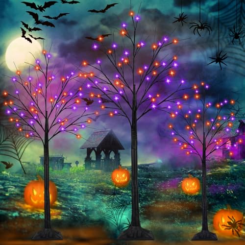 Set of 3 Black Halloween Tree with Orange and Purple LED Lights - 4ft, 5ft, 6ft, Indoor Outdoor Decor with Timer