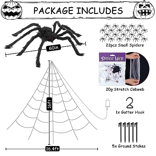 Halloween Spider Web Lights Outdoor Set with Purple LED, Black Spider & Web - 16.4Ft, 8 Modes, Large Spider & Cobwebs, Variation: Black Spider & White Webs