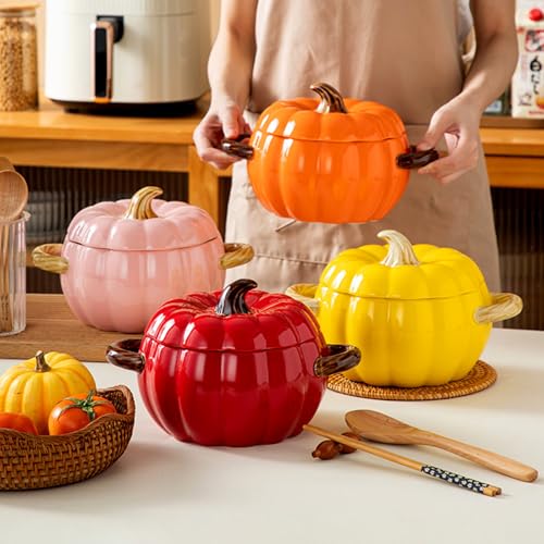 Dutch Oven Pot with Lid - Pumpkin Ceramic Casserole & Baking Dish - Red - Mini Dessert Saucepan
