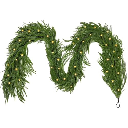 6.6 FT Artificial Norfolk Pine Garland with Built-in LED Lights for Indoor Outdoor Christmas Decor