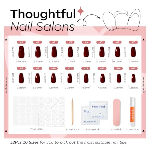 Modelones Coffin Press On Nails Short Fake Nails Dark Red A4 - Reusable, Easy Application
